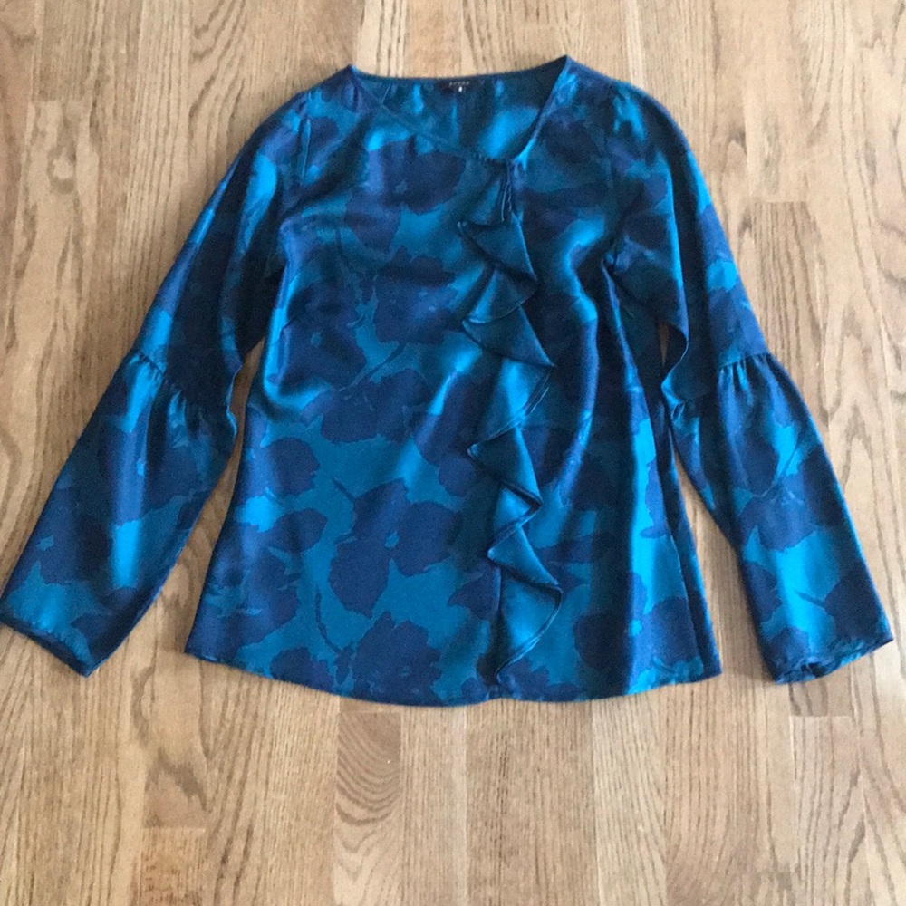 Aqua and Navy Floral Silk Blouse